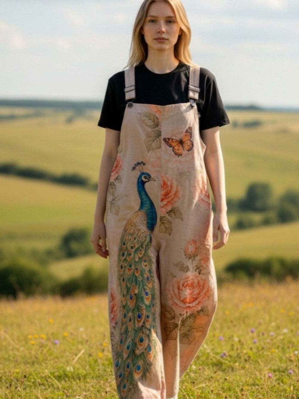 Fashioniva Boho Floral Peacock Linen Jumpsuit